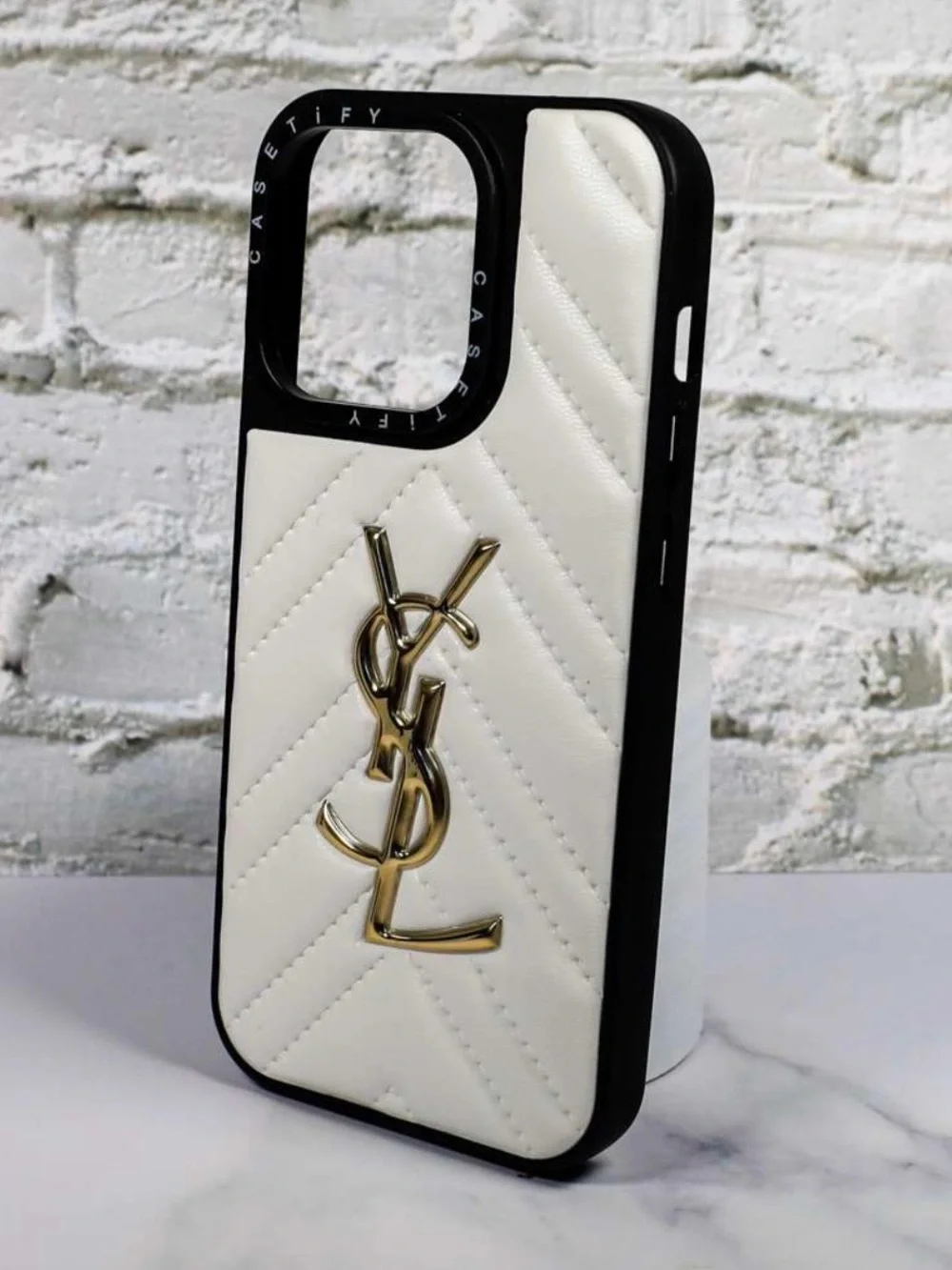 Casetify White Quilted Phone Case with Gold YSL Emblem